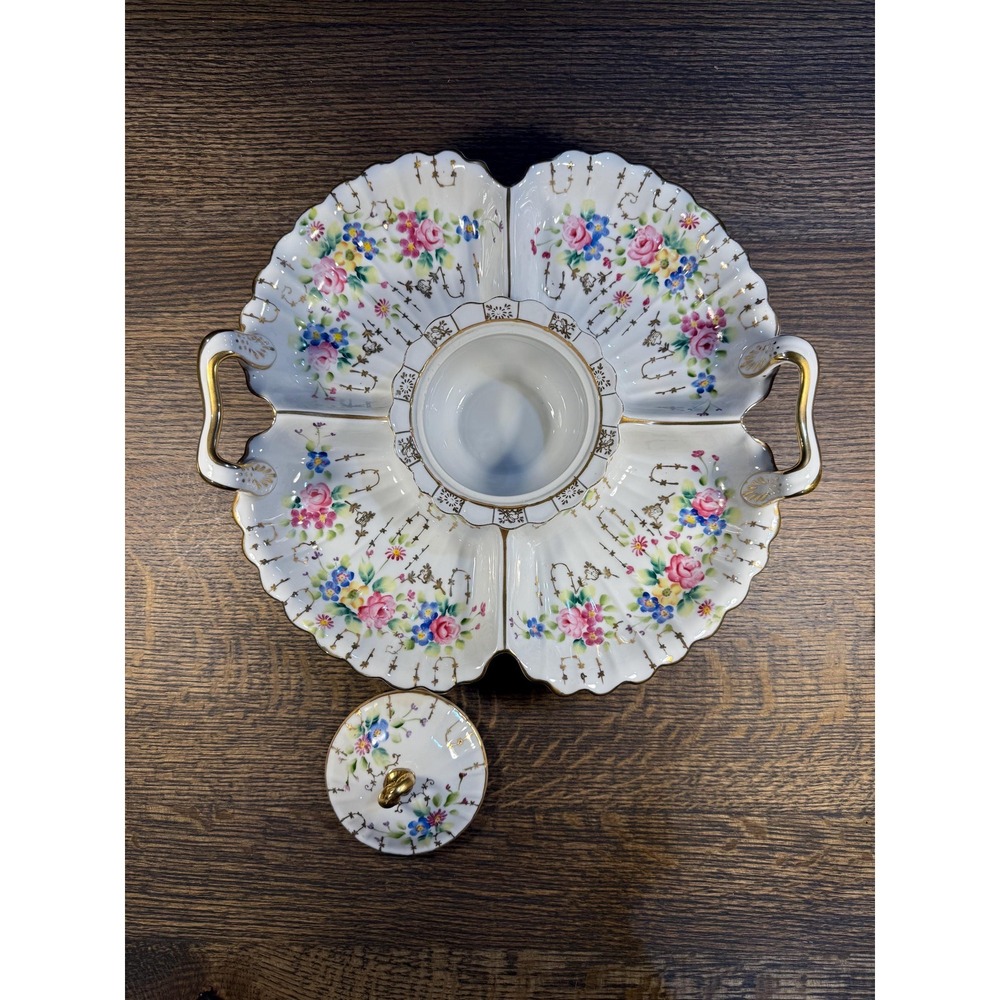 Antique Dresden Porcelain‎ Relish Dish: Hand-Painted Roses, Gilded Handles - Picture 4 of 11
